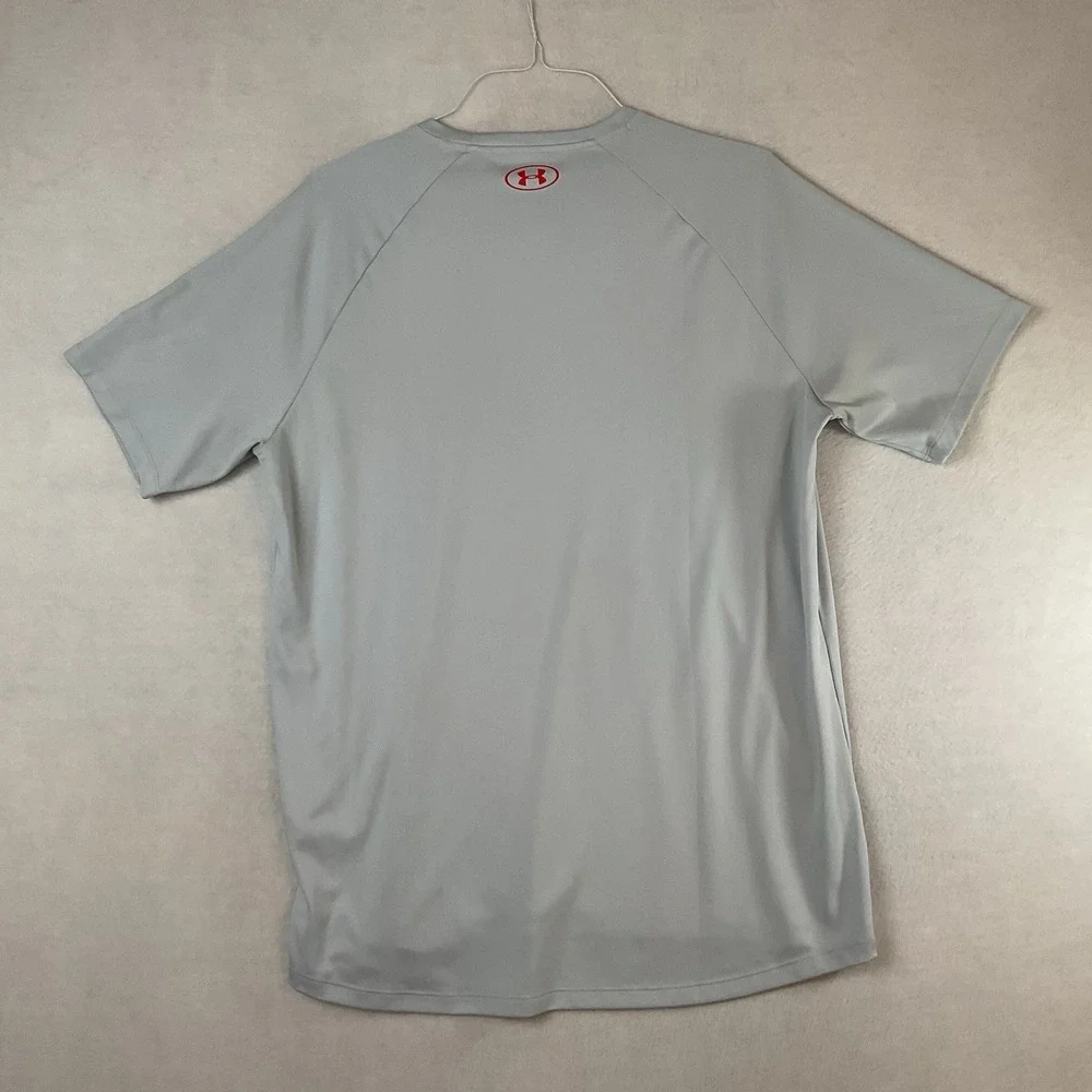 Under Armour Performance Shirt Mens XL Gray Red Logo Loose Fit Short Sleeve